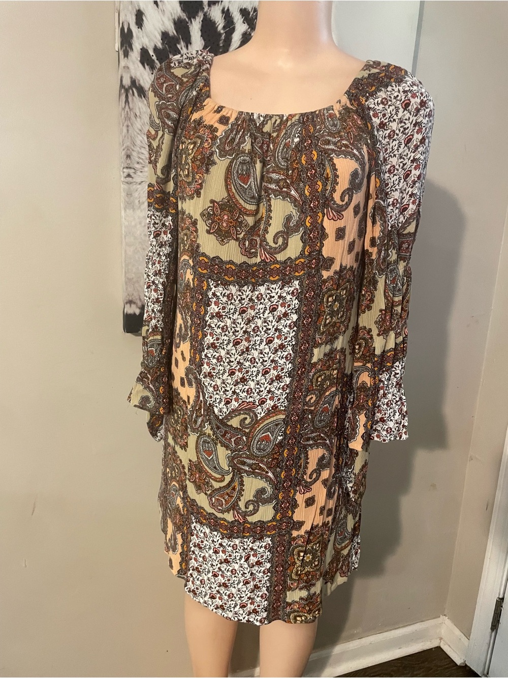 EST 1946 Boho Patchwork Paisley Long Sleeve Shift Dress - Peach Multi S Fall